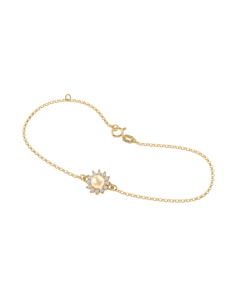 Pulseira Flor com Perola Soft Ouro Amarelo 1,88g